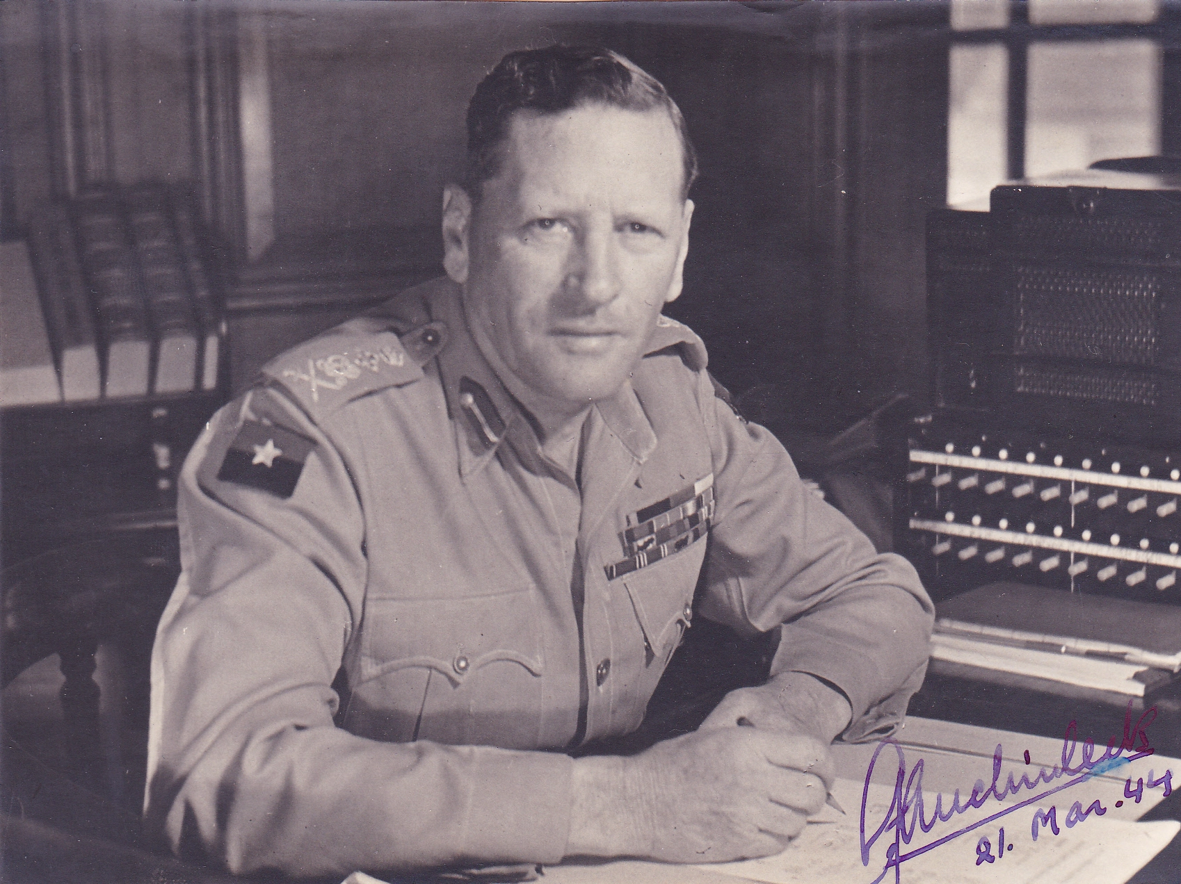 Signed photograph of Field Marshal Sir Claude Auchinleck, dated 21 March 1944