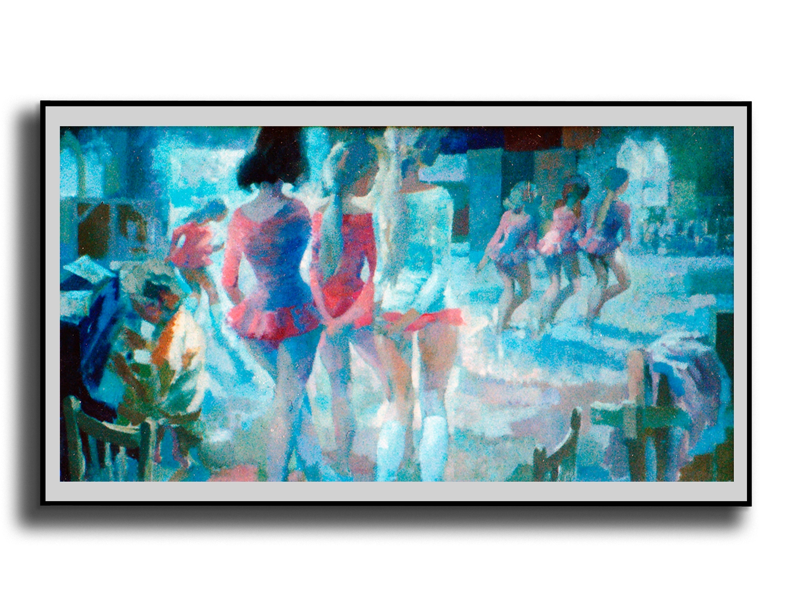 William Henry Blackburn painting of young dancers in pink costumes in a blue-lit rehearsal room