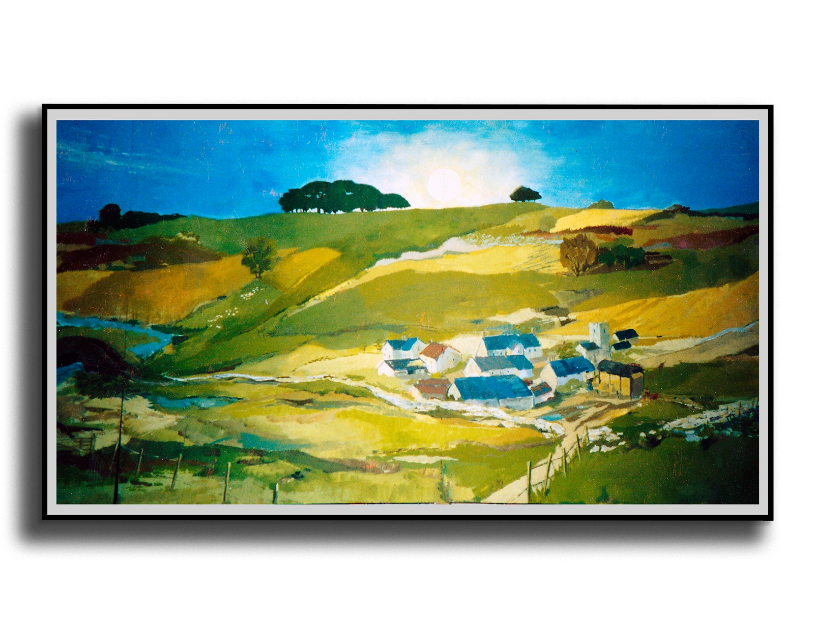 William Henry Blackburn landscape painting of a village in rolling green and yellow hills under a bright sun