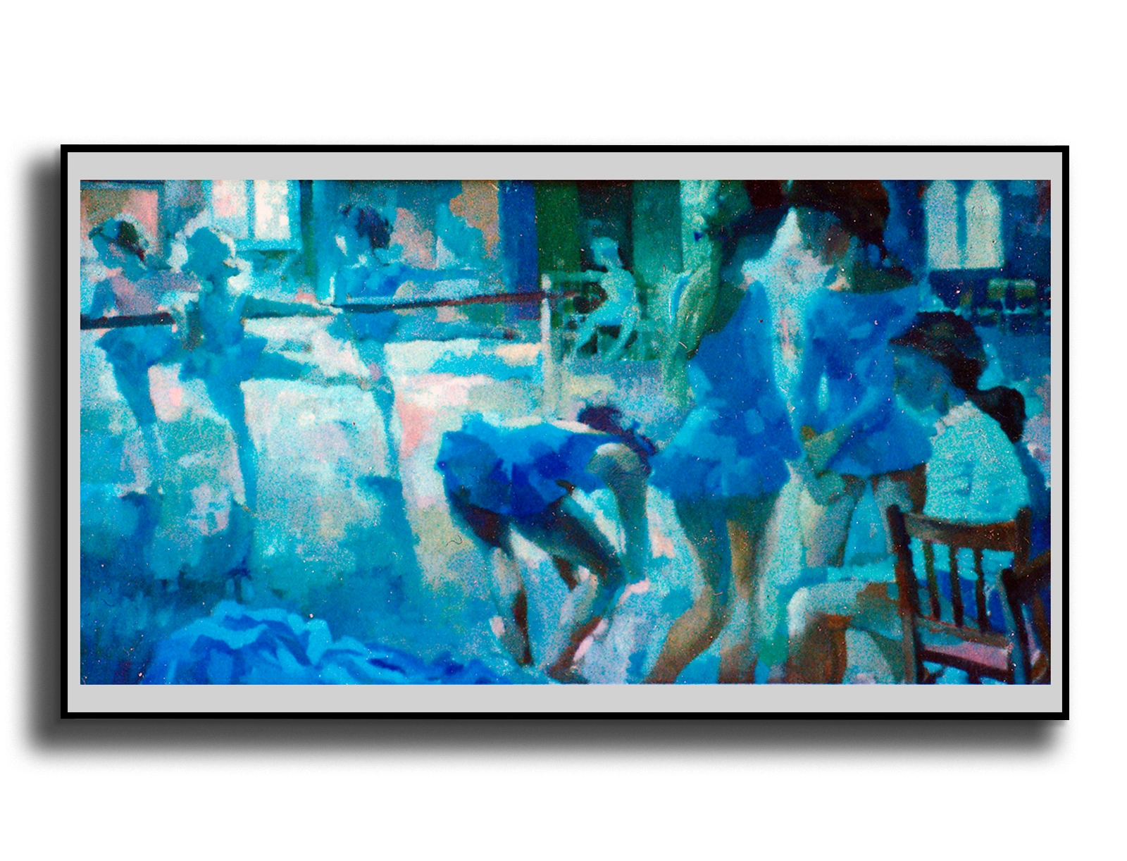 William Henry Blackburn painting of ballet dancers rehearsing in a blue-lit studio with a barre