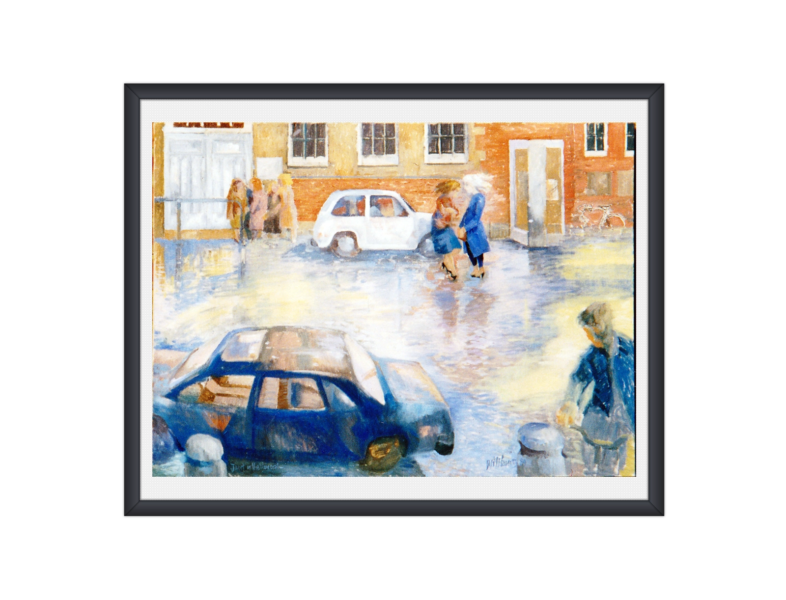 William Henry Blackburn painting of a wet street with cars and figures outside brick buildings